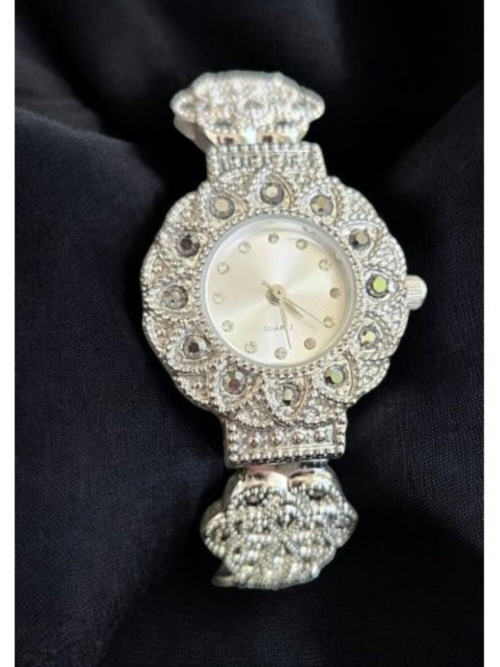 Bejeweled Floral Marcasite Ladies Hinged Quartz Cuff Bracelet Watch